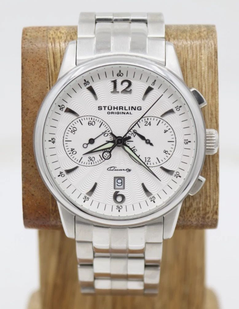 STUHRLING ORIGINAL STAINLESS STEEL 43MM WHITE DATE DIAL QUARTZ WATCH (1 of 2)