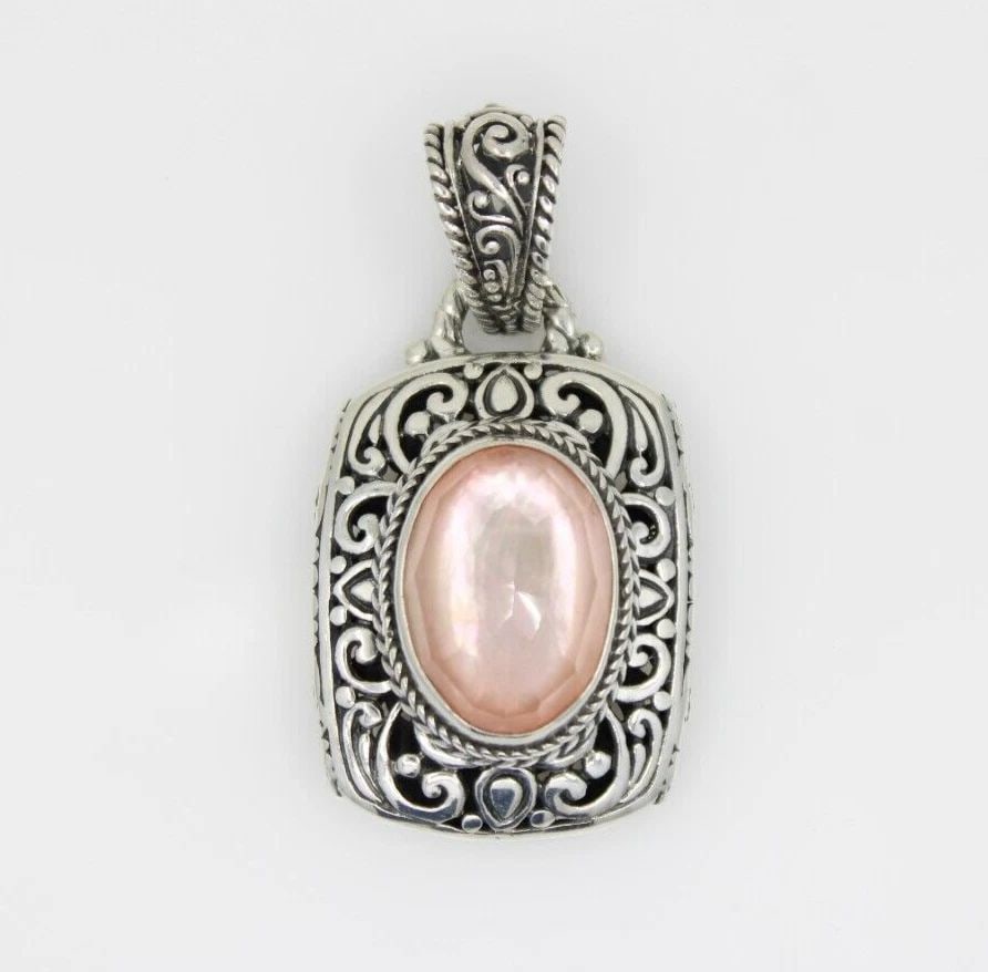 SARDA STERLING SILVER BALI FILIGREE STYLE ROSE QUARTZ RECTANGLE PENDANT ~ 2" (1 of 2)