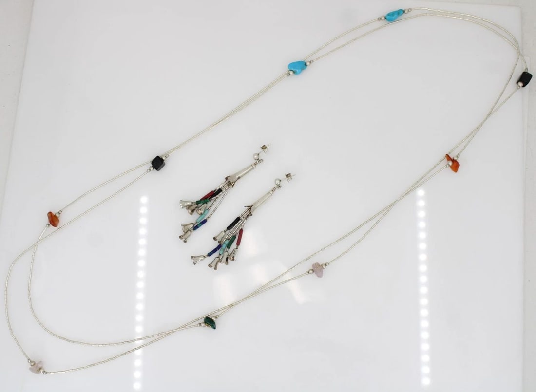 STERLING SILVER LIQUID SILVER HEISHI BEADS NECKLACE & EARRING SET (1 of 2)