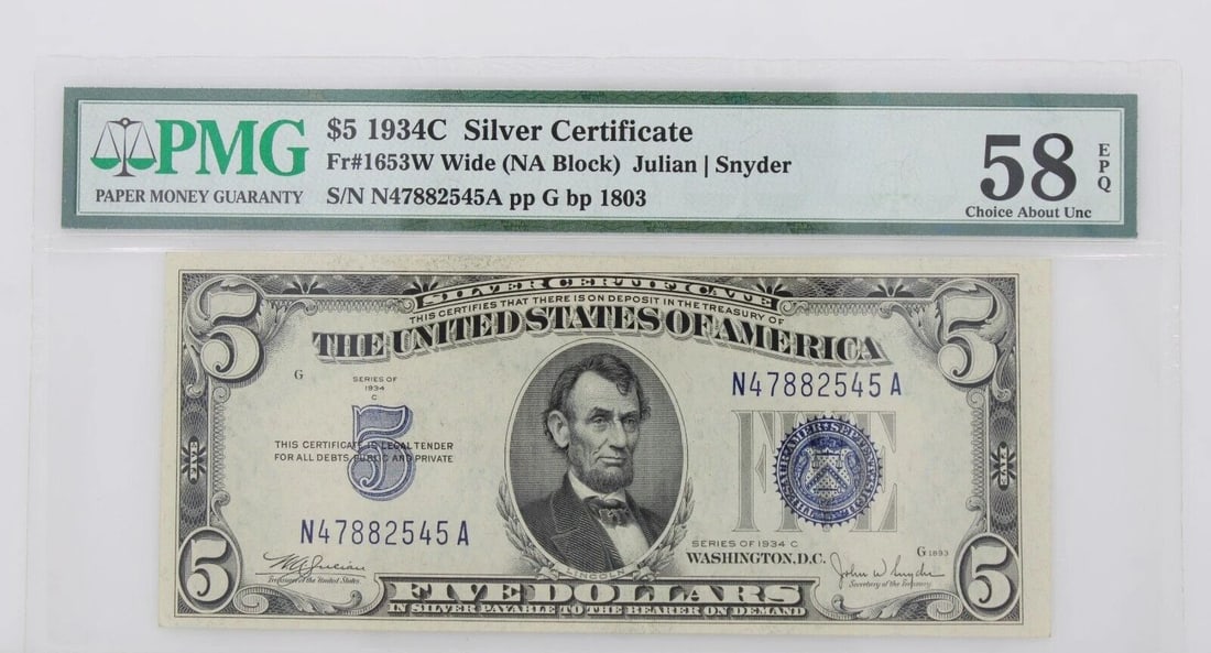 $5 1934C SILVER CERTIFICATE NOTE FR#1653W WIDE NA BLOCK PMG 58 EPQ ABOUT UNCIR (1 of 2)