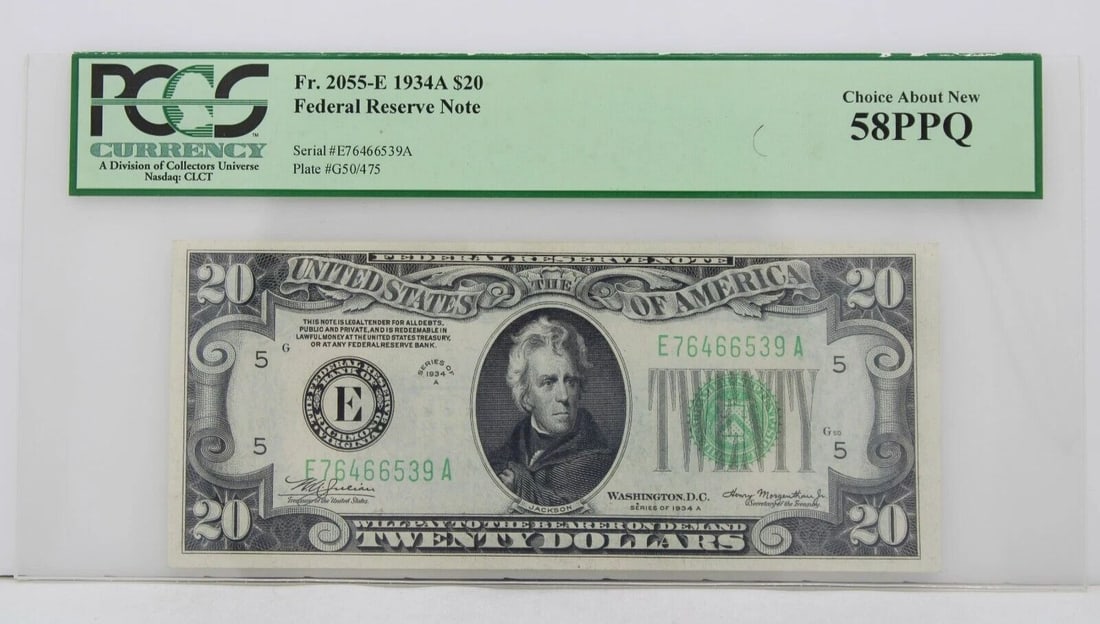 2055-E 1934A $20 FRN CHOICE ABOUT NEW 58PPQ S/N E76466539A (1 of 2)
