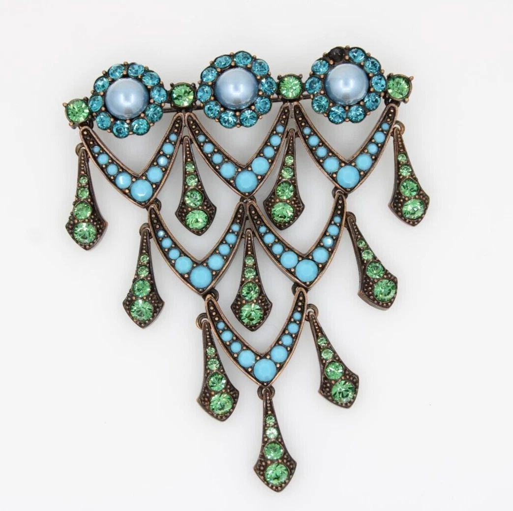 JOAN RIVERS ART DECO BLUE GREEN MULTI-RHINESTONE DANGLE PIN BROOCH (1 of 2)
