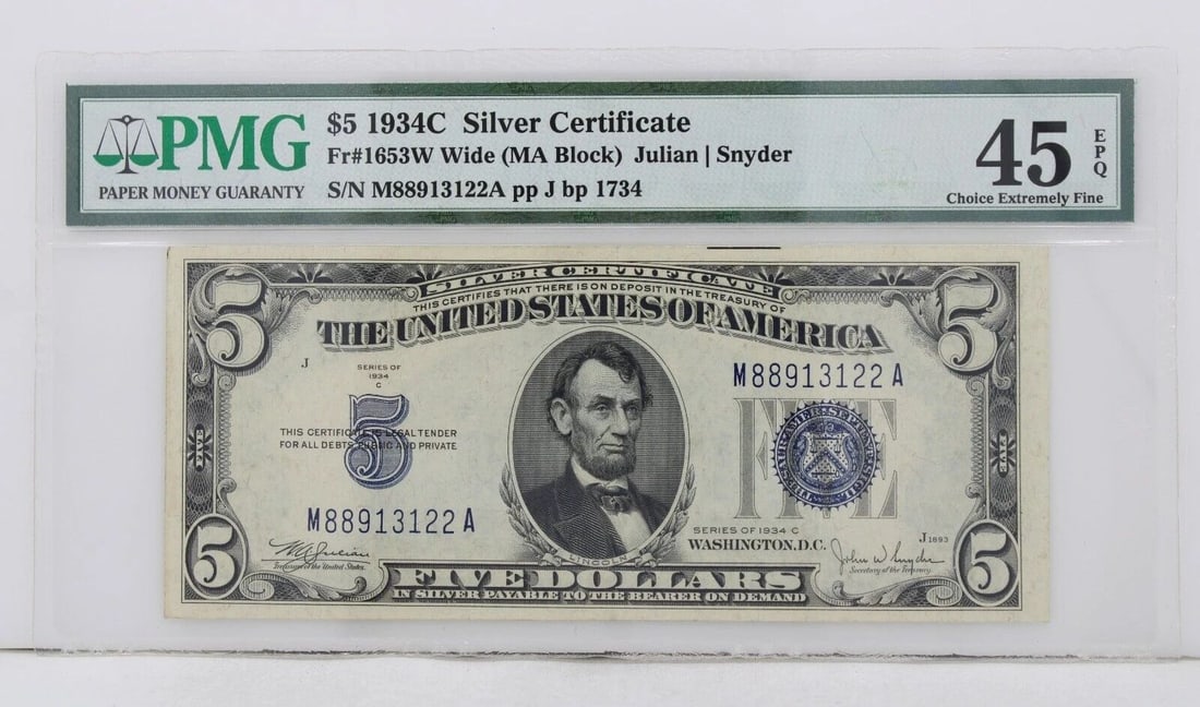 $5 1934C SILVER CERTIFICATE 45 CHOICE EXTREMELY FINE S/N M88913122A PP J BP 1734: $5 1934C SILVER CERTIFICATE 45 CHOICE EXTREMELY FINE S/N M88913122A PP J BP 1734 $5 1934C SILVER CERTIFICATE 45 CHOICE EXTREMELY FINE S/N M88913122A PP J BP 1734 Description $5 1934C Silver Certificat