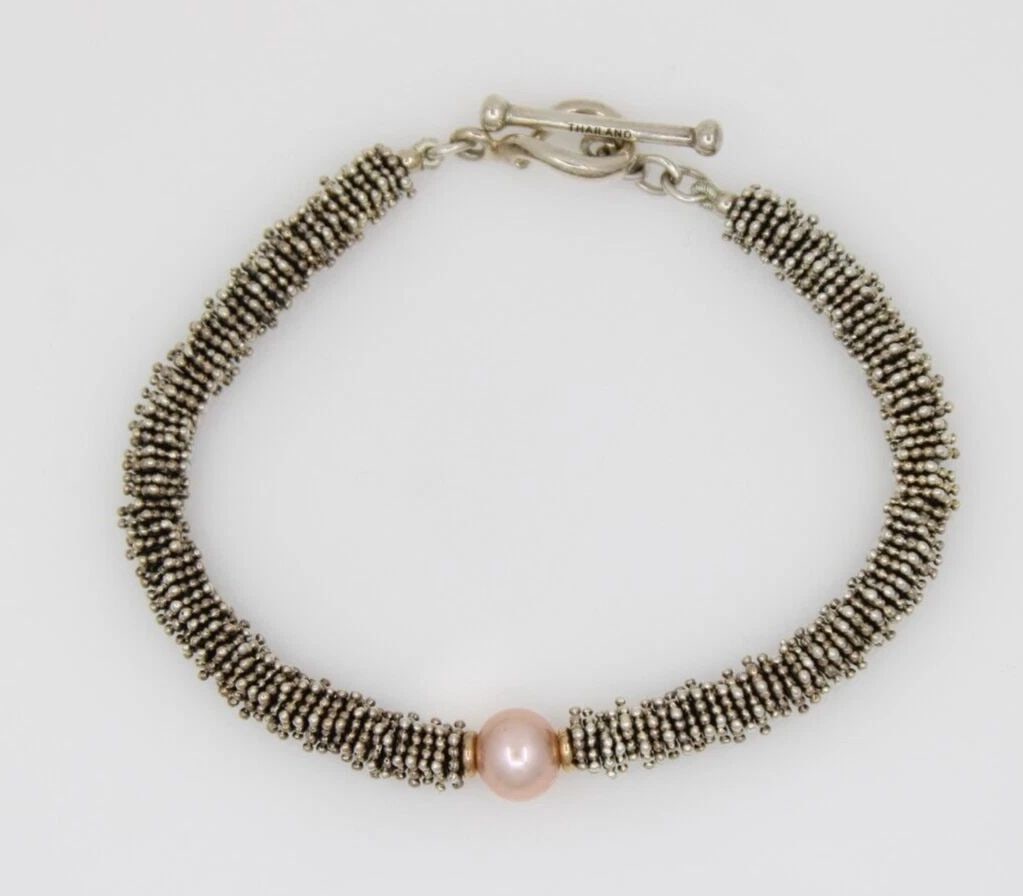 MICHAEL DAWKINS STERLING SLIVER 925 & 14K GOLD PINK PEARL GRANULATED BRACELET 7" (1 of 2)