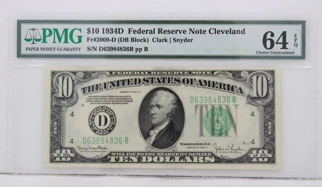 $10 1934D FRNC 64 EPQ CHOICE UNCIRCULATED S/N D63984836B PP B: $10 1934D FRNC 64 EPQ CHOICE UNCIRCULATED S/N D63984836B PP B $10 1934D FRNC 64 EPQ CHOICE UNCIRCULATED S/N D63984836B PP B Description $10 1934D Federal Reserve Note Cleveland FR#2009-D DB Block PMG 
