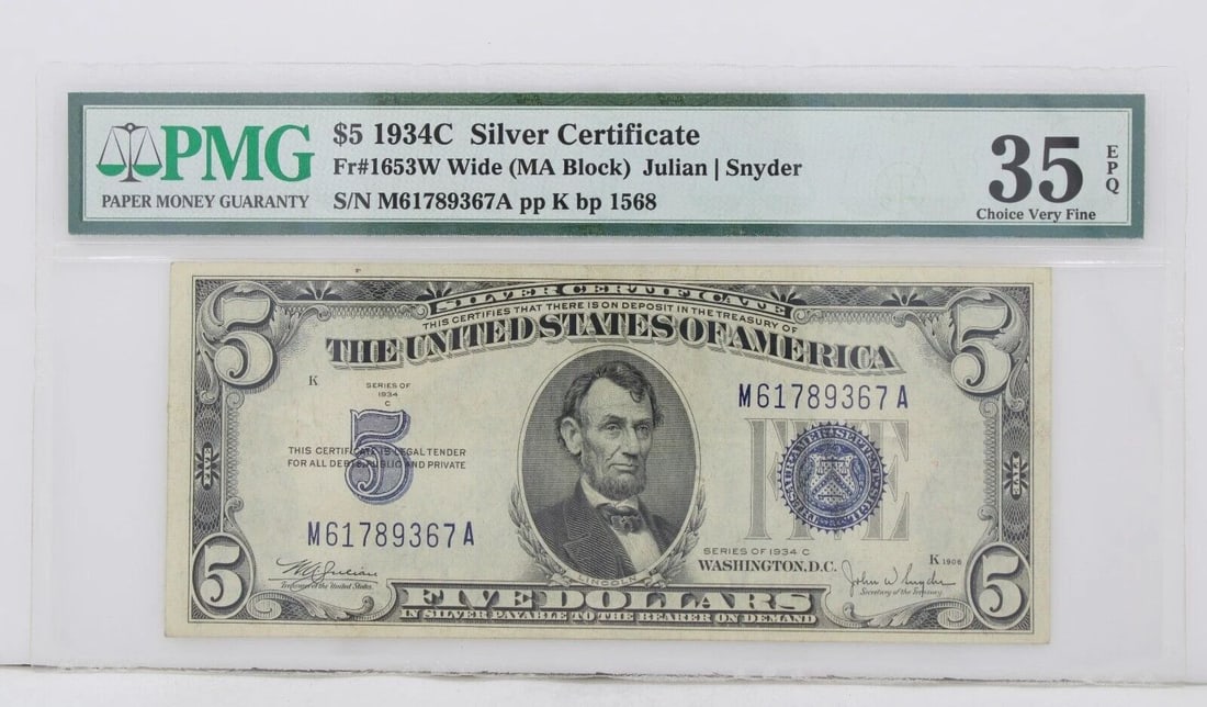 $5 1934C SILVER CERTIFICATE 35 EPQ CHOICE VERY FINE S/N M61789367A PP K BP 1568 (1 of 2)