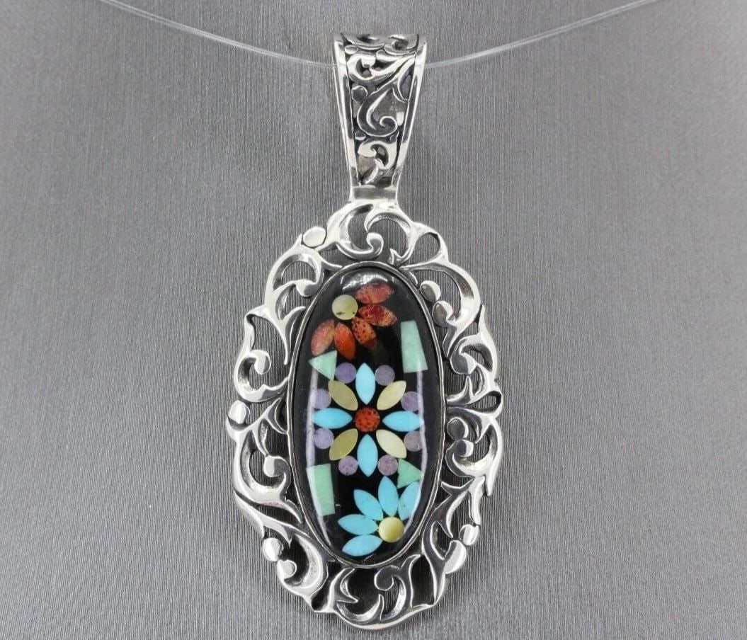 CAROLYN POLLACK STERLING SOUTHWEST FLOWER TURQUOISE & STONE INLAY 2.5" PENDANT (1 of 2)