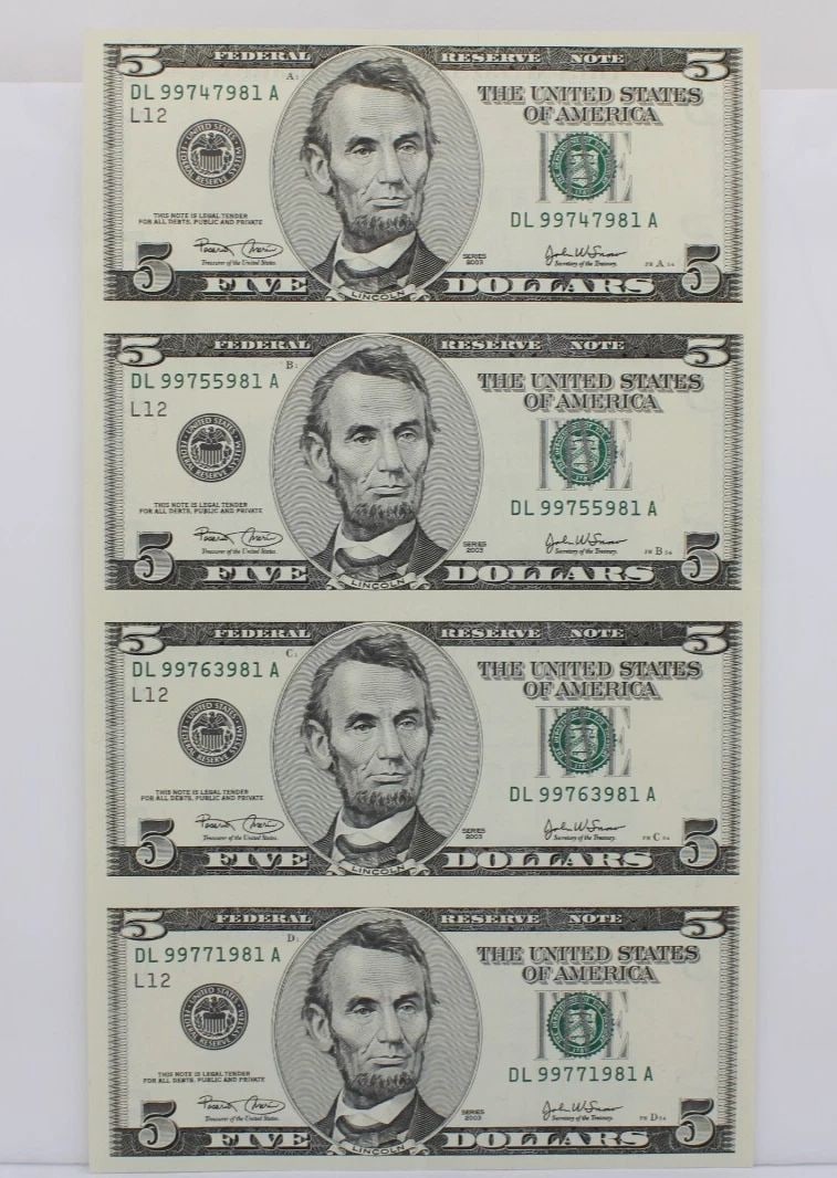 UNCUT SHEET OF FOUR (4) $5 FIVE DOLLAR BILLS - SERIES 2003 UNCIRCULATED (1 of 2)