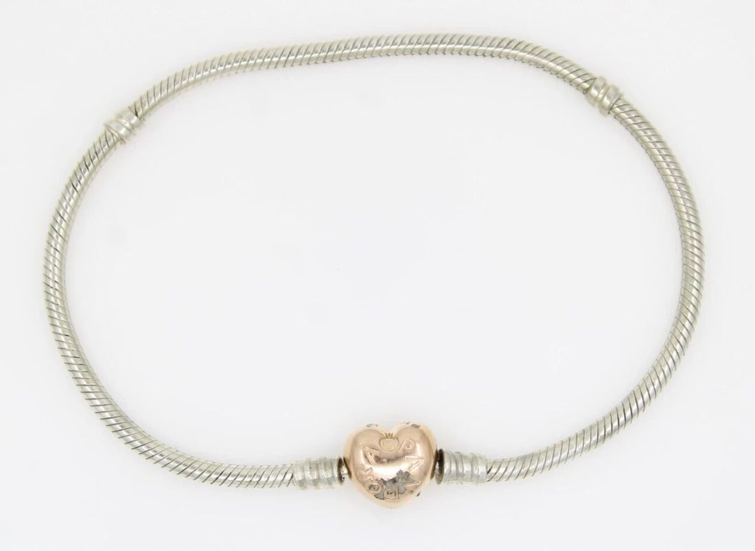 PANDORA MOMENTS TWO-TONE HEART CLASP SNAKE CHAIN BRACELET 568707C00 ~ 23CM / 9" (1 of 2)