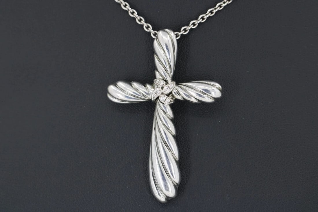 DESIGNER STERLING SILVER 925 CABLE DIAMOND CROSS PENDANT ADJUSTABLE 19" NECKLACE (1 of 2)