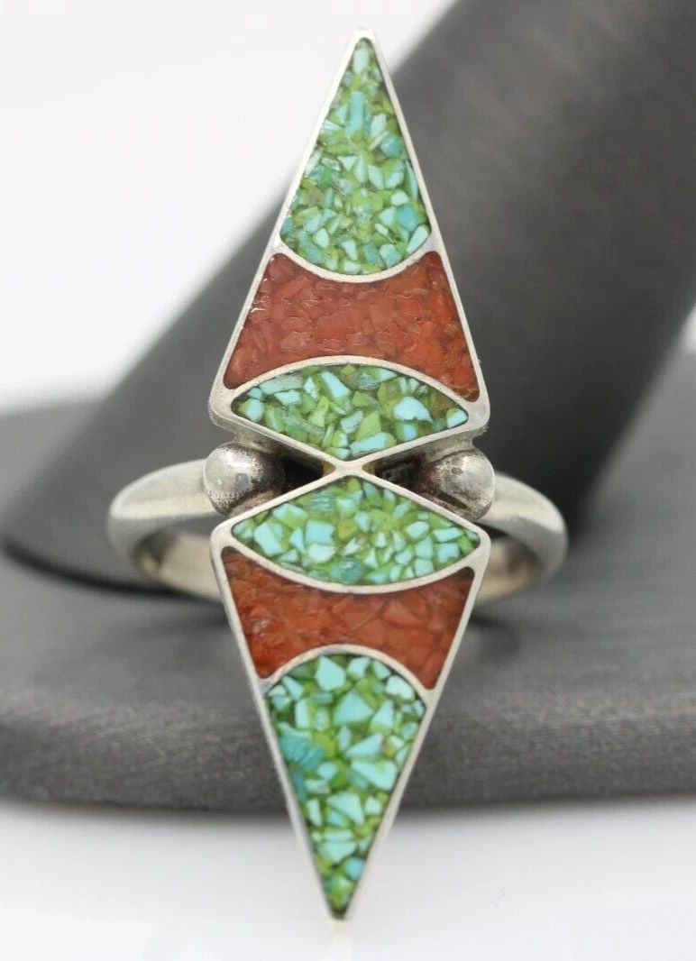 NATIVE AMERICAN NAVAJO PAUL LARGO STERLING INLAY TURQUOISE & CORAL RING (1 of 2)