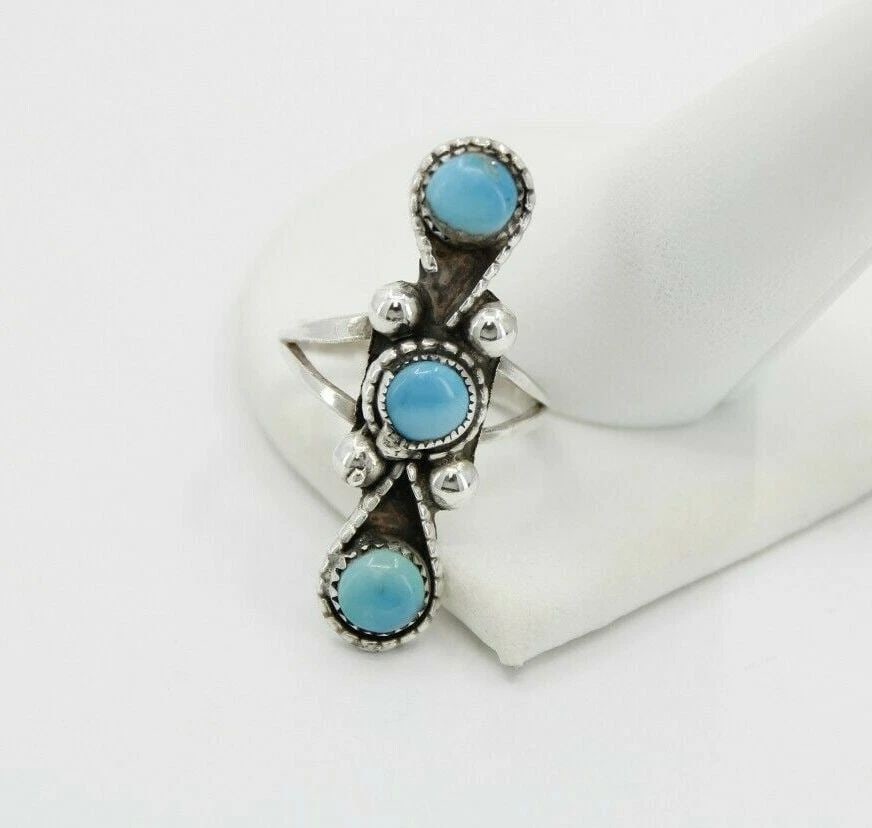 VINTAGE NAVAJO STERLING SILVER 3 ROUND TURQUOISE SPLIT SHANK RING SIZE 7 ~ 5.6 G (1 of 2)