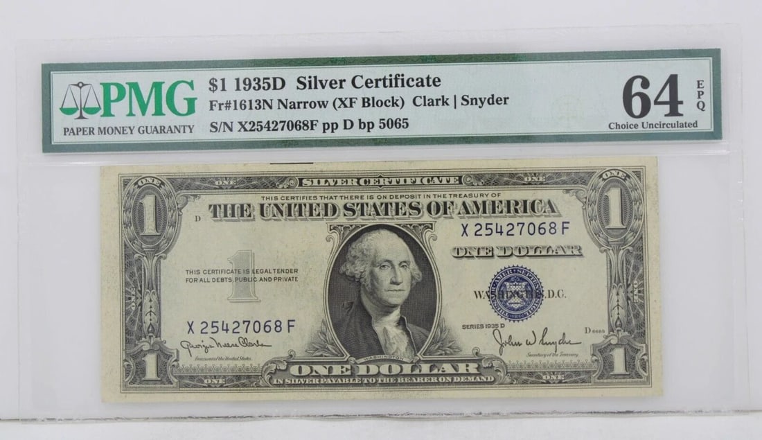 $1 1935D SILVER CERTIFICATE 64 EPQ CHOICE UNCIRCULATED X25427068F PP D BP 5065: $1 1935D SILVER CERTIFICATE 64 EPQ CHOICE UNCIRCULATED X25427068F PP D BP 5065 $1 1935D SILVER CERTIFICATE 64 EPQ CHOICE UNCIRCULATED X25427068F PP D BP 5065 Description $1 1935D Silver Certificate No