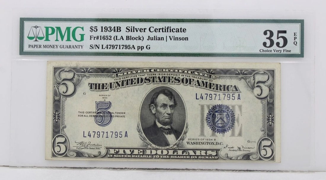 $5 1934B SILVER CERTIFICATE 35 EPQ CHOICE VERY FINE S/N L47971795A PP G: $5 1934B SILVER CERTIFICATE 35 EPQ CHOICE VERY FINE S/N L47971795A PP G $5 1934B SILVER CERTIFICATE 35 EPQ CHOICE VERY FINE S/N L47971795A PP G Description $5 1934B Silver Certificate Note FR#1652 LA 