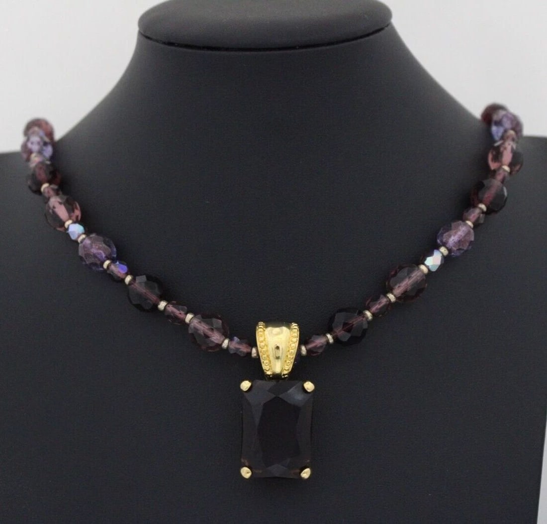 JOAN RIVERS PURPLE GLASS BEADS 35" NECKLACE AURORA BOREALIS EMERALD CUT PENDANT (1 of 2)