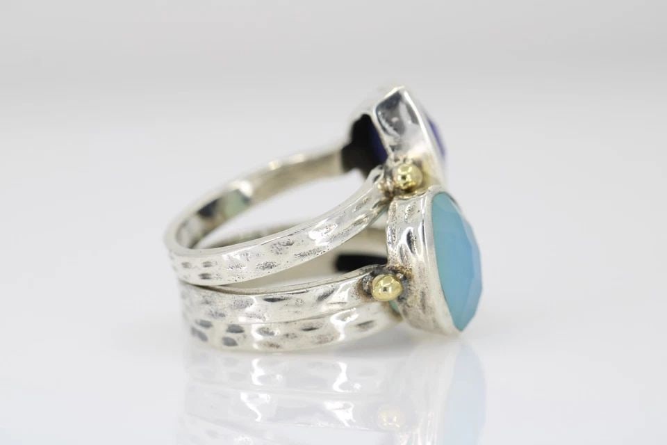 TRIPLE STACK STERLING SILVER & 14K MULTI STONE RING SET SIZE 8 - 2