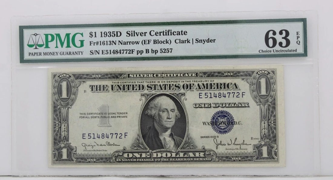$1 1935D SILVER CERTIFICATE 63 CHOICE UNCIRCULATED S/N E51484772F PP B BP 5257: $1 1935D SILVER CERTIFICATE 63 CHOICE UNCIRCULATED S/N E51484772F PP B BP 5257 $1 1935D SILVER CERTIFICATE 63 CHOICE UNCIRCULATED S/N E51484772F PP B BP 5257 Description $1 1935D Silver Certificate No