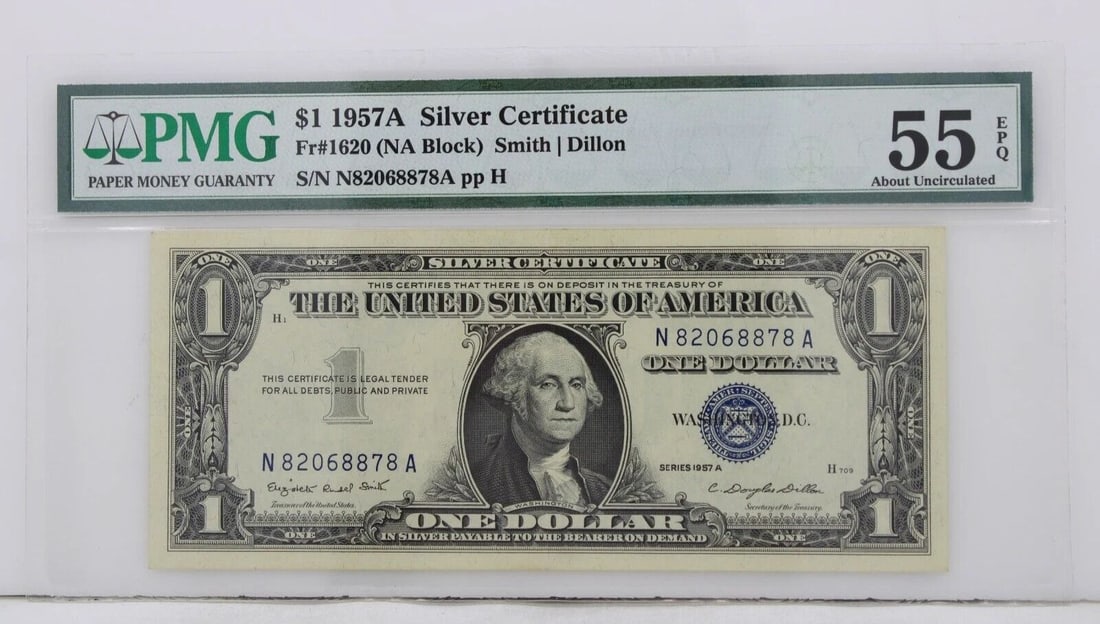 $1 1957A SILVER CERTIFICATE PMG 55 EPQ ABOUT UNCIRCULATED S/N N82068878A PP H: $1 1957A SILVER CERTIFICATE PMG 55 EPQ ABOUT UNCIRCULATED S/N N82068878A PP H $1 1957A SILVER CERTIFICATE PMG 55 EPQ ABOUT UNCIRCULATED S/N N82068878A PP H Description $1 1957A Silver Certificate Note