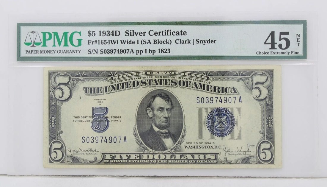 $5 1934D SILVER CERTIFICATE 45 CHOICE EXTREMELY FINE S/N S03974907A PP I BP 1823: $5 1934D SILVER CERTIFICATE 45 CHOICE EXTREMELY FINE S/N S03974907A PP I BP 1823 $5 1934D SILVER CERTIFICATE 45 CHOICE EXTREMELY FINE S/N S03974907A PP I BP 1823 Description $5 1934D Silver Certificat