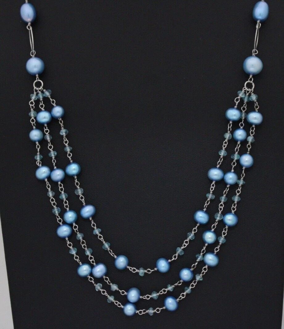 HONORA STERLING SILVER BLUE PEARLS & AQUAMARINE 3 STRAND 24" NECKLACE NWT: HONORA STERLING SILVER BLUE PEARLS & AQUAMARINE 3 STRAND 24" NECKLACE NWT Description Honora Sterling Silver Blue Pearls & Aquamarine 3 Strand 24" Necklace Pretty designer necklace in great condition.