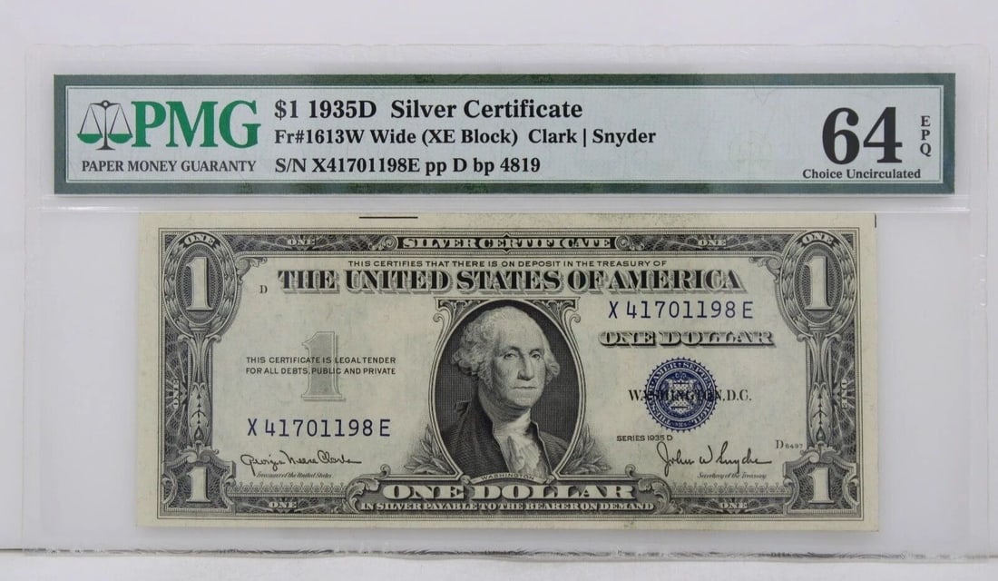 $1 1935D SILVER CERTIFICATE 64 EPQ CHOICE UNCIRCULATED X41701198E PP D BP 4819: $1 1935D SILVER CERTIFICATE 64 EPQ CHOICE UNCIRCULATED X41701198E PP D BP 4819 Description $1 1935D Silver Certificate Note FR#1613W Wide XE Block PMG 64 EBQ Choice Uncirculated The responsibility and
