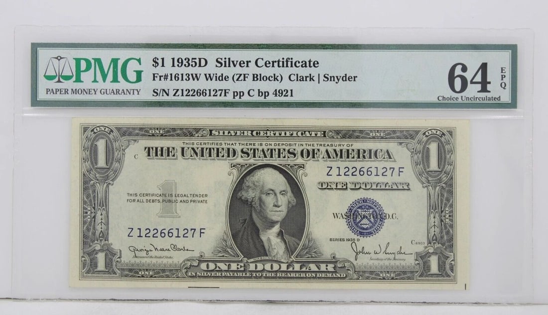 $1 1935D SILVER CERTIFICATE 64 EPQ CHOICE UNCIRCULATED Z12266127F PP C BP 4921: $1 1935D SILVER CERTIFICATE 64 EPQ CHOICE UNCIRCULATED Z12266127F PP C BP 4921 Description $1 1935D Silver Certificate Note FR#1613W Wide ZF Block PMG 64 EBQ Choice Uncirculated The responsibility and