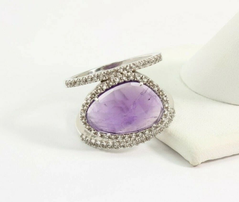 JCM JACMEL MAURITIUS STERLING SILVER AMETHYST RING W/ WHITE TOPAZ TRIM SZ 8 (1 of 2)