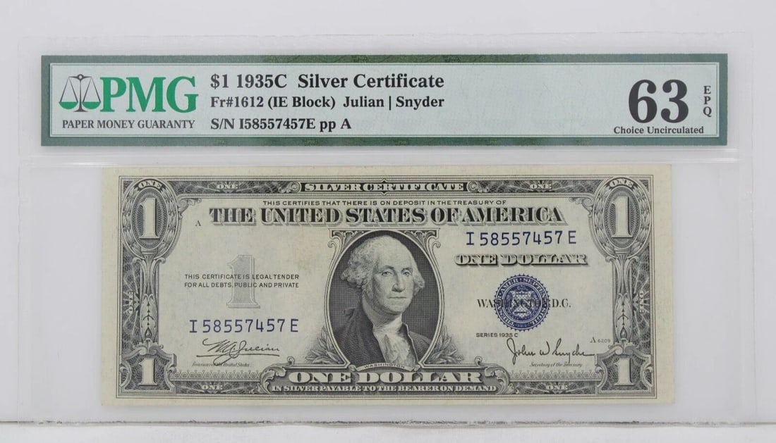 $1 1935C SILVER CERTIFICATE 63 EPQ CHOICE UNCIRCULATED S/N I58557457E PP A (1 of 2)
