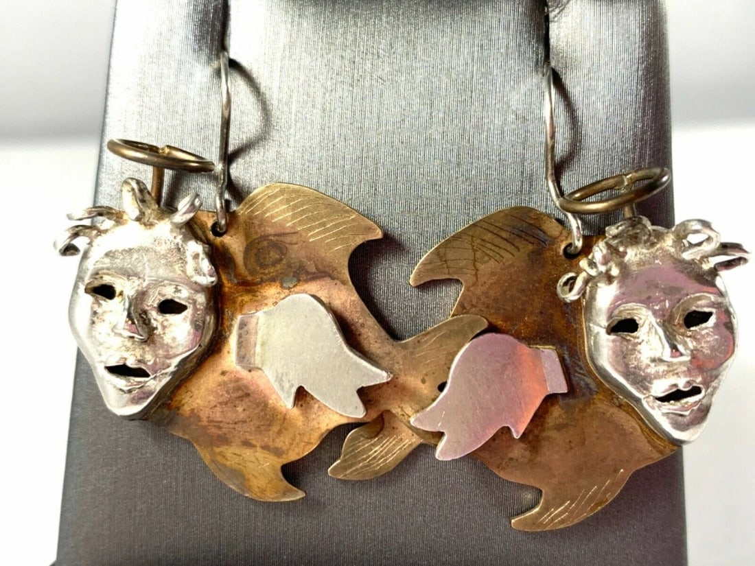CINDY HORLEY 1994 ARTIST MASKED ANGEL FISH EARRINGS STERLING SILVER BRASS 14.5G (1 of 2)