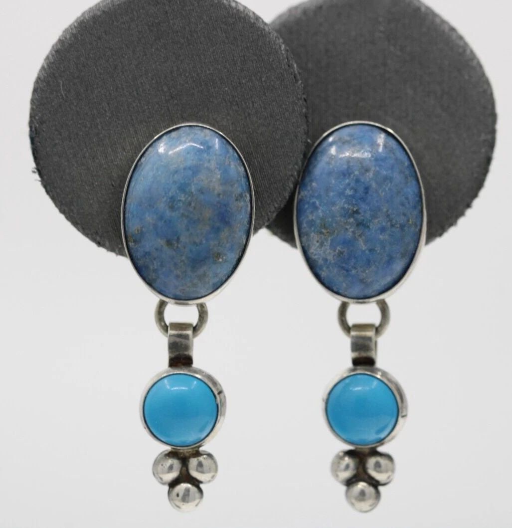 QT QUOC TURQUOISE INC. STERLING SILVER DEMIN LAPIS DANGLE EARRINGS 5.1 GR (1 of 2)