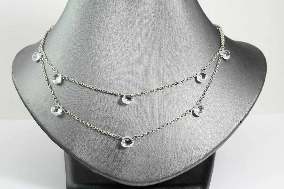 STERLING SILVER 2 STRAND NECKLACE W/ DANGLING TEARDROP SHAPE CRYSTAL -ADJUSTABLE (1 of 2)