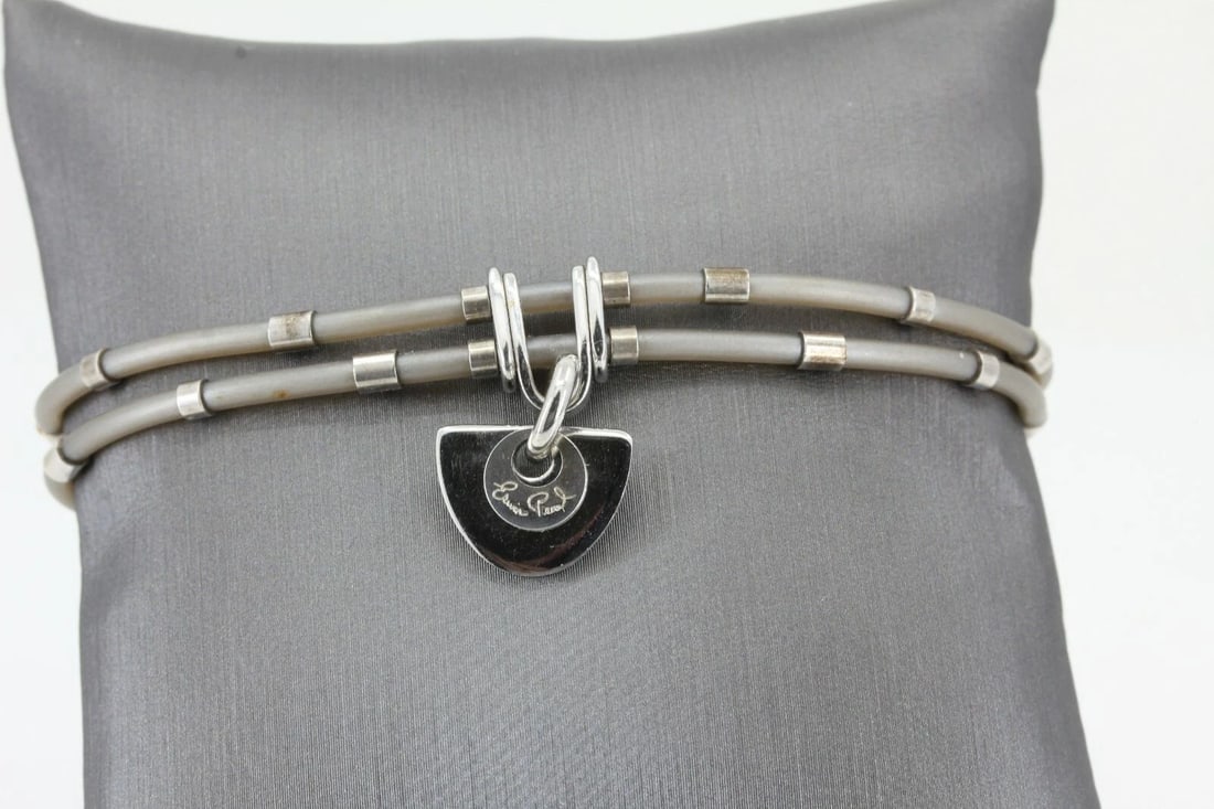 ERWIN PEARL 925 STERLING PEWTER COLOR RUBBER BRACELET W/ DANGLING OVAL SHAPE (1 of 2)