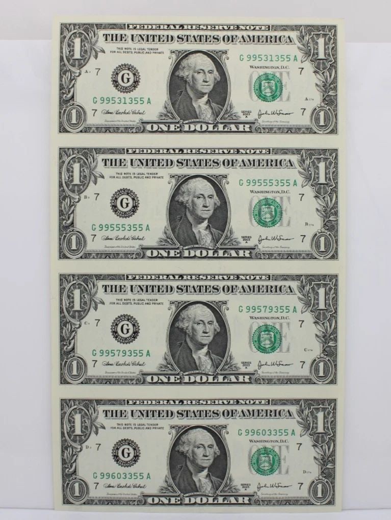 UNCUT SHEET OF FOUR (4) $1 ONE DOLLAR BILLS - SERIES 2003 UNCIRCULATED (1 of 2)