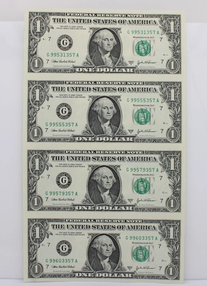 UNCUT SHEET OF FOUR (4) $1 ONE DOLLAR BILLS - SERIES 2003 UNCIRCULATED: UNCUT SHEET OF FOUR (4) $1 ONE DOLLAR BILLS - SERIES 2003 UNCIRCULATED Description Uncut Sheet of Four (4) $1 One Dollar Bills - Series 2003 Uncirculated Uncut Sheet is in uncirculated condition. Plas