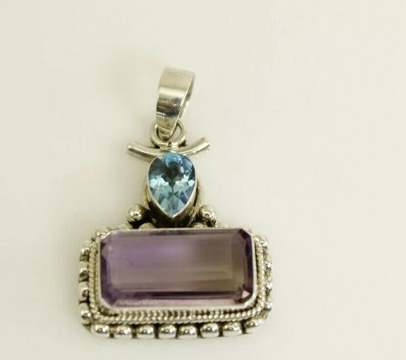 STERLING SILVER 925 BALI BEZEL SET PURPLE AMETHYST BLUE TOPAZ PENDANT 9 GRAMS (1 of 2)