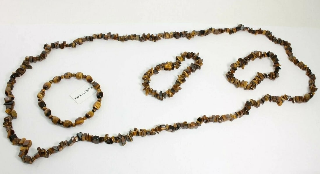 LOT OF 4 TIGER'S EYE CHIPPED BEADED 1 NECKLACE 36" & 3 BRACELETS SZ 6 3/4"-7" (1 of 2)
