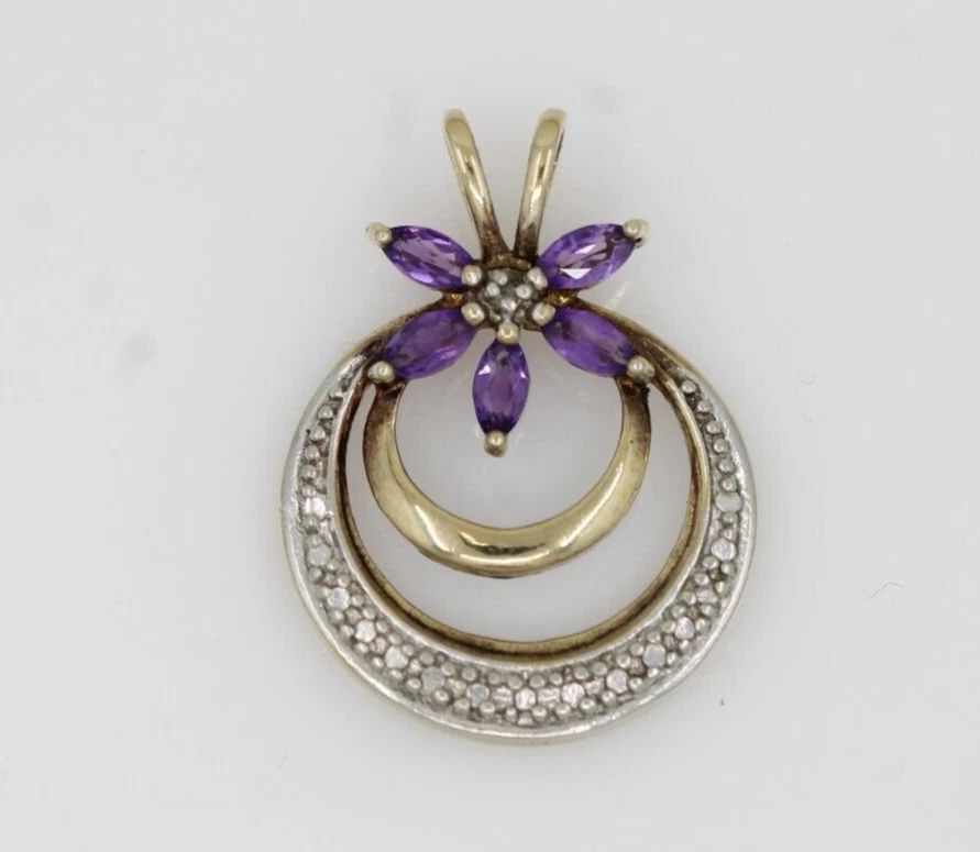 DESIGNER STERLING SILVER AMETHYST MARQUISE FLOWER CIRCLE PENDANT 1.9G (1 of 2)