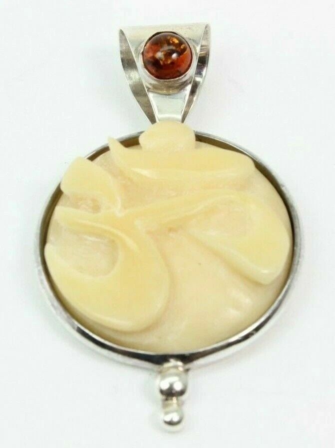 STERLING SILVER OM SYMBOL CARVED PENDANT W/ AMBER ACCENT YOGA SPIRITUAL (1 of 2)