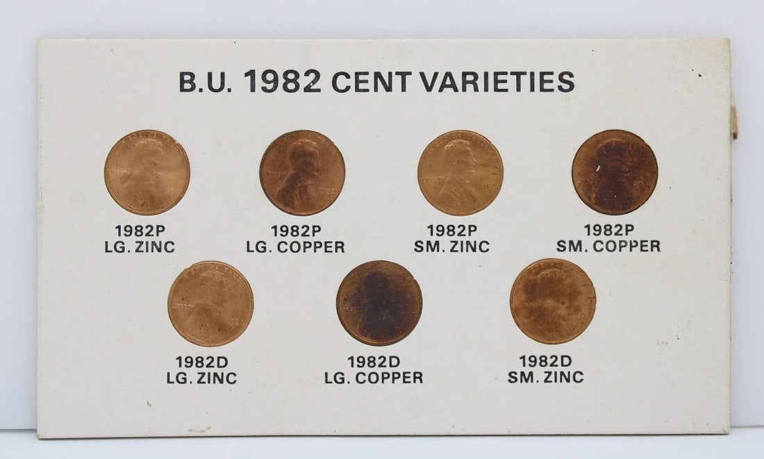 B.U. 1982 PENNY CENTS PHILADELPHIA , DENVER, ZINC & COPPER VARIETIES COLLECTION: B.U. 1982 PENNY CENTS PHILADELPHIA , DENVER, ZINC & COPPER VARIETIES COLLECTION Description B.U. 1982 Penny Cents Philadelphia, Denver, Zinc & Copper Varieties Collection Coins May be in average circu