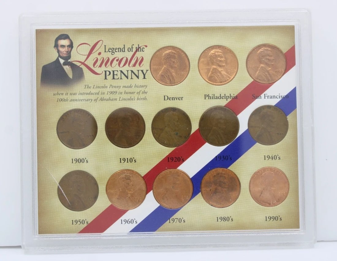 1900-1990 LEGEND OF THE LINCOLN PENNIES AMERICAN HISTORIC SOCIETY: 1900-1990 LEGEND OF THE LINCOLN PENNIES AMERICAN HISTORIC SOCIETY Description 1900-1990 Legend of the Lincoln Pennies Coins are in uncirculated condition. Packaging may show signs of wear and/or tear.