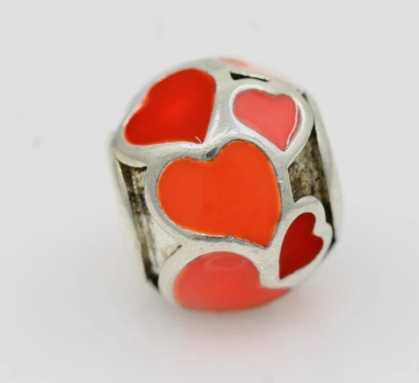 AUTHENTIC PANDORA STERLING SILVER RED ORANGE ENAMEL LOVE HEARTS CHARM 790436ER (1 of 2)