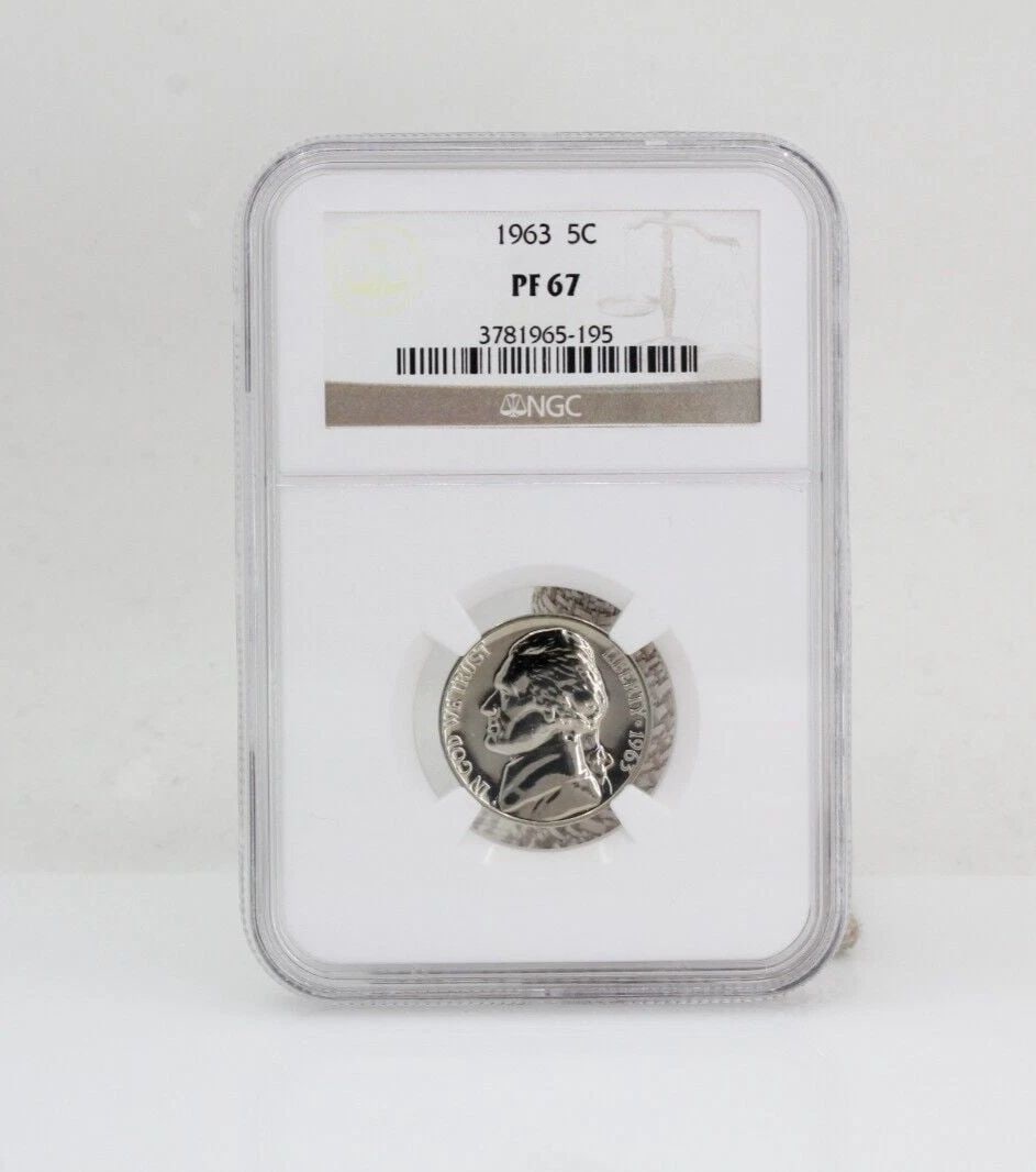 1963 JEFFERSON NICKEL 5C NGC PF 67 - PROOF COIN: 1963 JEFFERSON NICKEL 5C NGC PF 67 - PROOF COIN Description 1963 Jefferson Nickel 5C NGC PF 67 - Proof Coin Coin is in great condition. Plastic holder may show signs of wear and/or tear. The listing i
