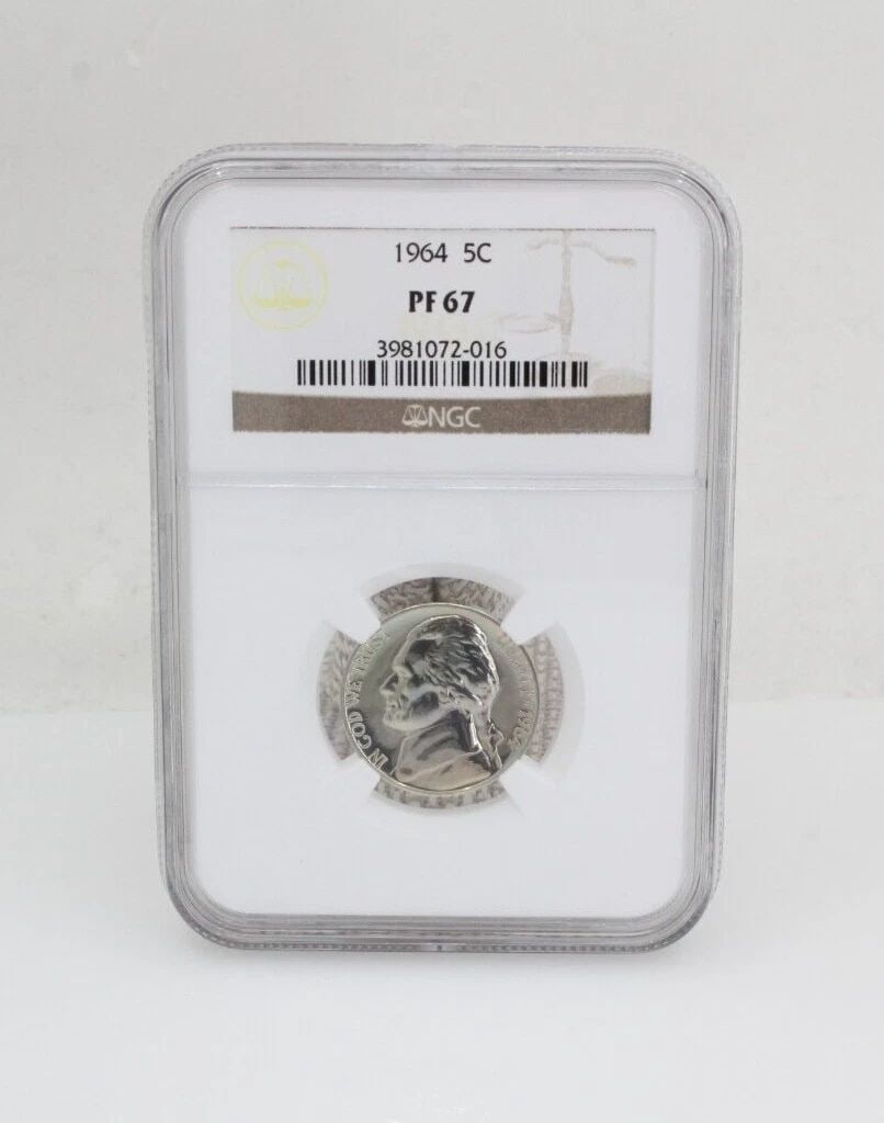 1964 JEFFERSON NICKEL 5C NGC PF 67 - PROOF COIN: 1964 JEFFERSON NICKEL 5C NGC PF 67 - PROOF COIN Description 1964 Jefferson Nickel 5C NGC PF 67 - Proof Coin Coin is in great condition. Plastic holder may show signs of wear and/or tear. The listing i