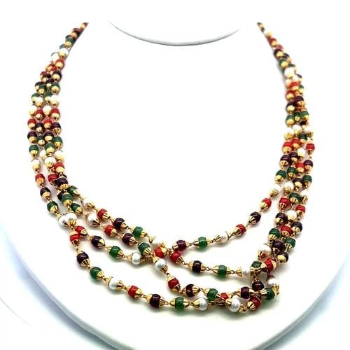VINTAGE 22-INCH JADE, CORAL, PEARL & TOURMALINE BEAD NECKLACE IN 22K YELLOW GOLD: VINTAGE 22-INCH JADE, CORAL, PEARL & TOURMALINE BEAD NECKLACE IN 22K YELLOW GOLD PRODUCT DESCRIPTION Title: Vintage 22-Inch Jade, Coral, Pearl & Tourmaline Bead Necklace in 22K Yellow Gold Style: Beed