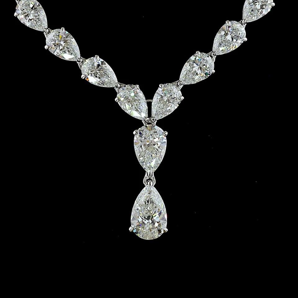 LAB-GROWN 31.18 CARAT PEAR E-F-VS1 DIAMOND 14K WHITE GOLD LARIAT NECKLACE (1 of 1)