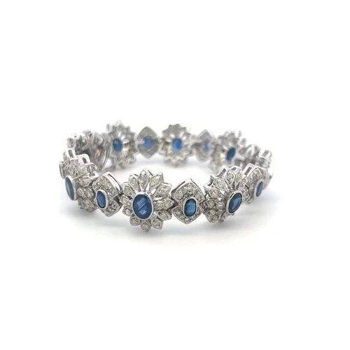VINTAGE 14K WHITE GOLD DIAMOND & SAPPHIRE FLORAL LINK BRACELET 12.4 CTW (1 of 2)