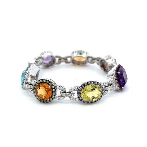 VALENTE 18K WHITE GOLD LINK BRACELET WITH 1.43 CARAT ROUND DIAMONDS & MULTI-GEMS: VALENTE 18K WHITE GOLD LINK BRACELET WITH 1.43 CARAT ROUND DIAMONDS & MULTI-GEMS VALENTE 18K WHITE GOLD LINK BRACELET WITH 1.43 CARAT ROUND DIAMONDS & MULTI-GEMS PRODUCT DESCRIPTION Designer: VALENTE 