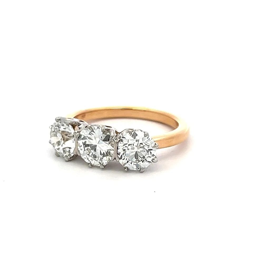 18K TWO TONE GOLD THREE-STONE RING 3.02 CT CIRCULAR & OLD EUROPEAN DIAMONDS GIA (1 of 1)