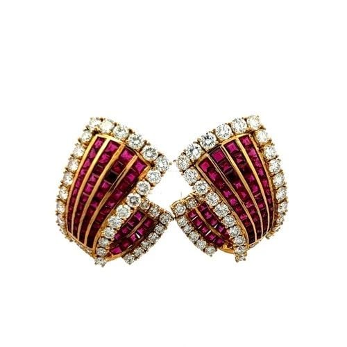 18K YELLOW GOLD 6.85CT DIAMOND & 5.78CT RUBY PRINCESS CUT CLIP-ON EARRINGS (1 of 2)