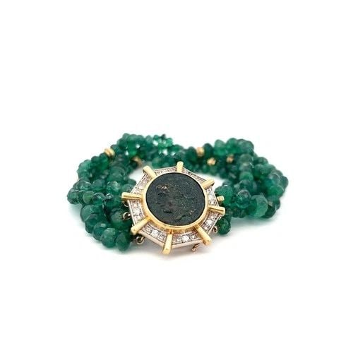 14K YG BEAD BRACELET WITH 0.4 CARAT ROUND DIAMONDS & 4.24-7.25 MM EMERALD (1 of 2)